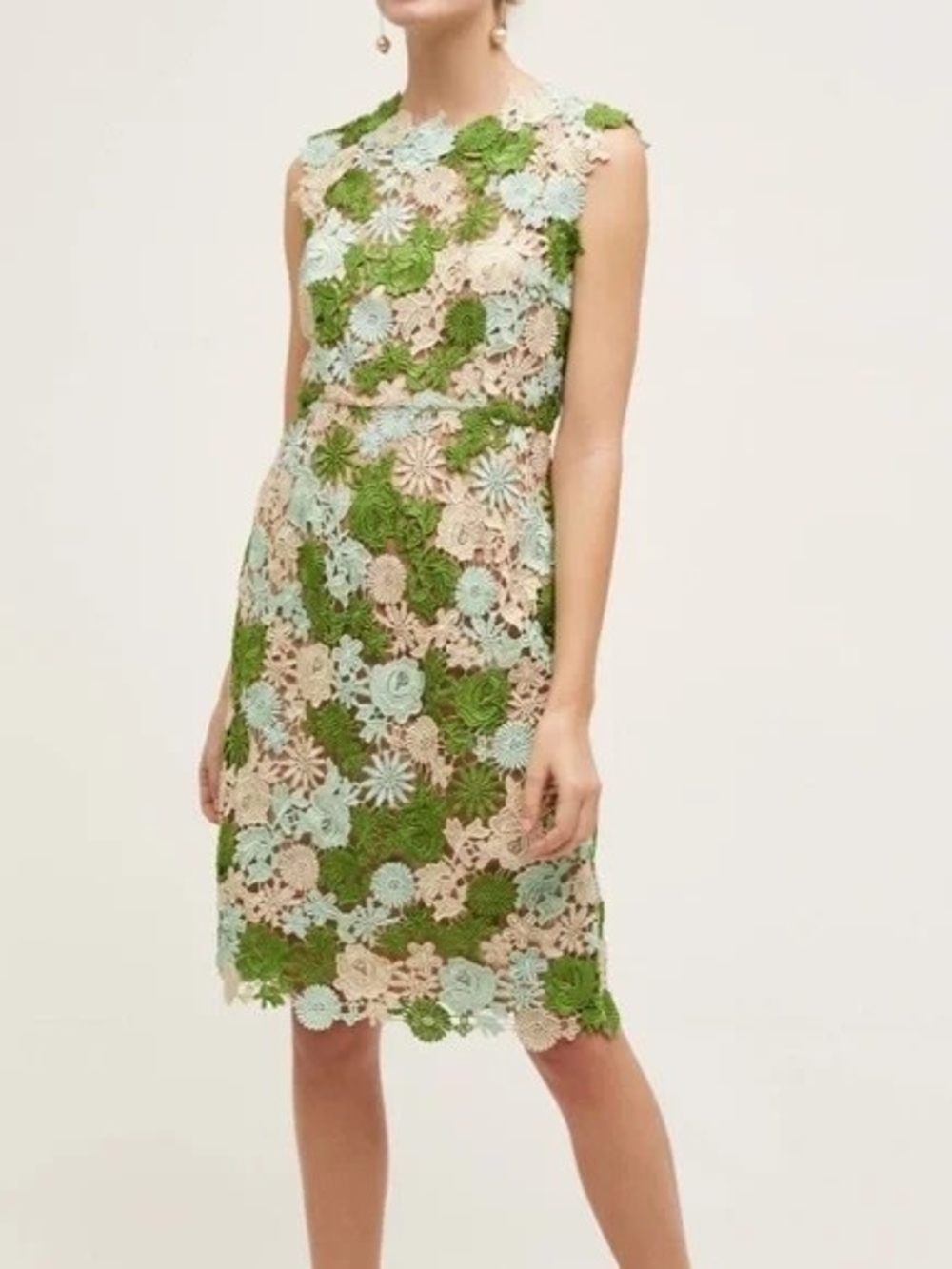 Anthropologie Floral Crochet Midi Dress in Green, Beige & Light Blue